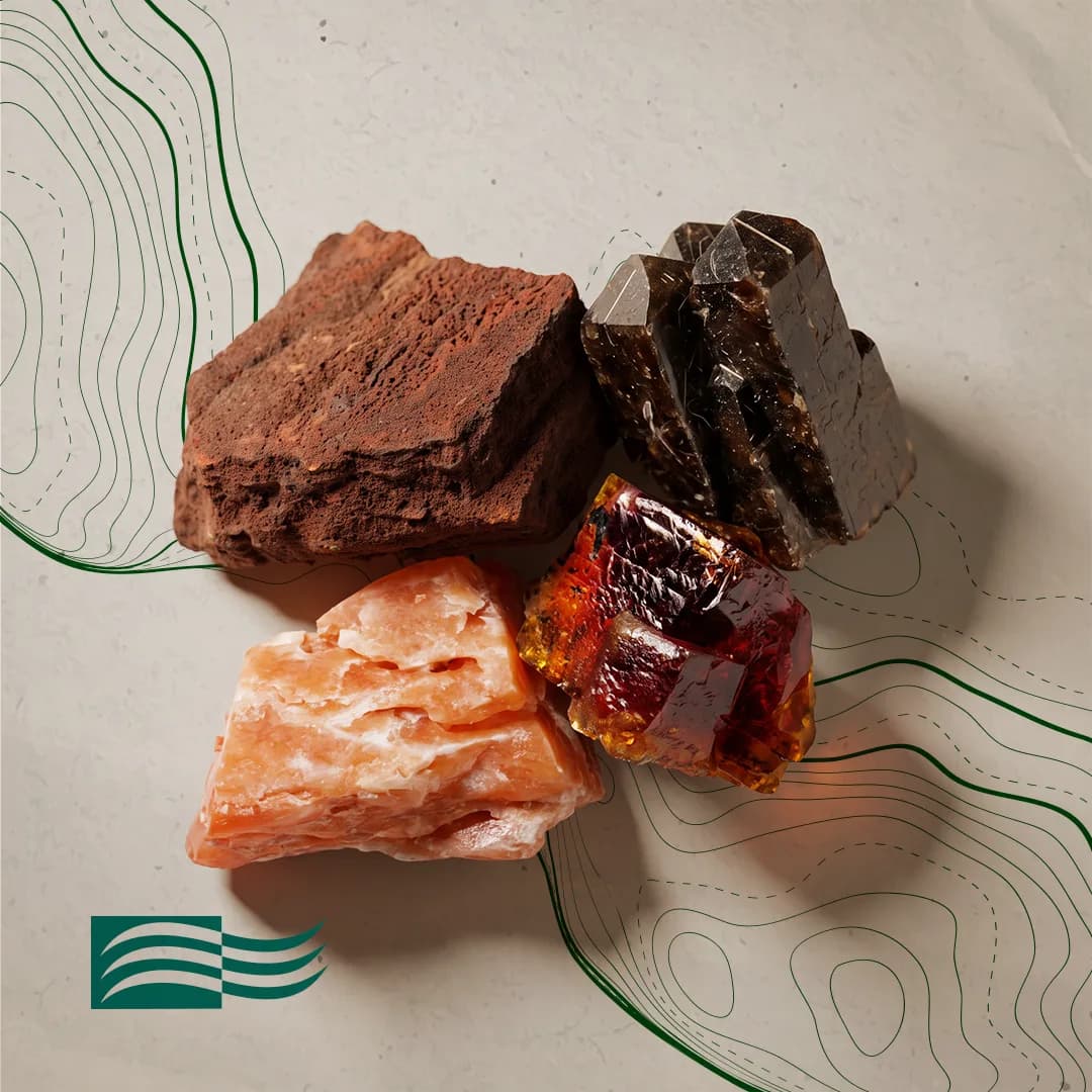 Conjunto de amostras de minerais de terras raras, em tons de laranja, marrom e preto