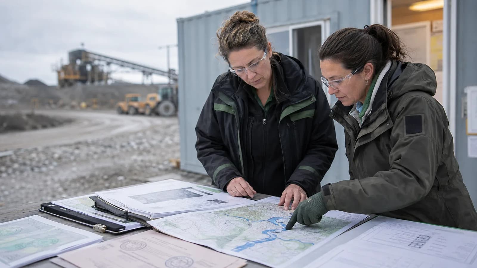 Duas profissionais conferem plantas e mapas técnicos sobre uma mesa, em escritório de campo.