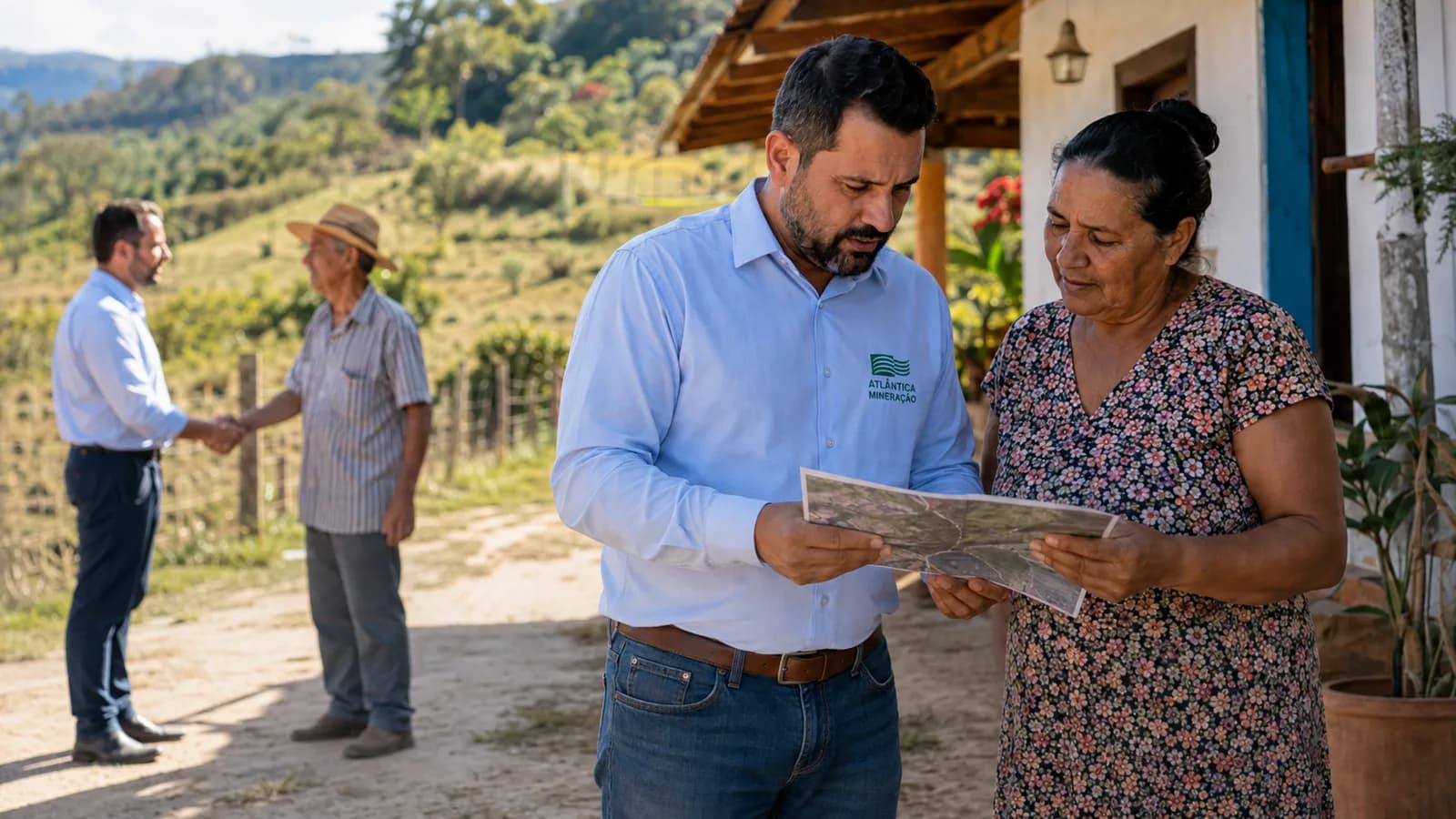Profissional mostra um mapa impresso a um casal de moradores, em frente a uma casa rural.