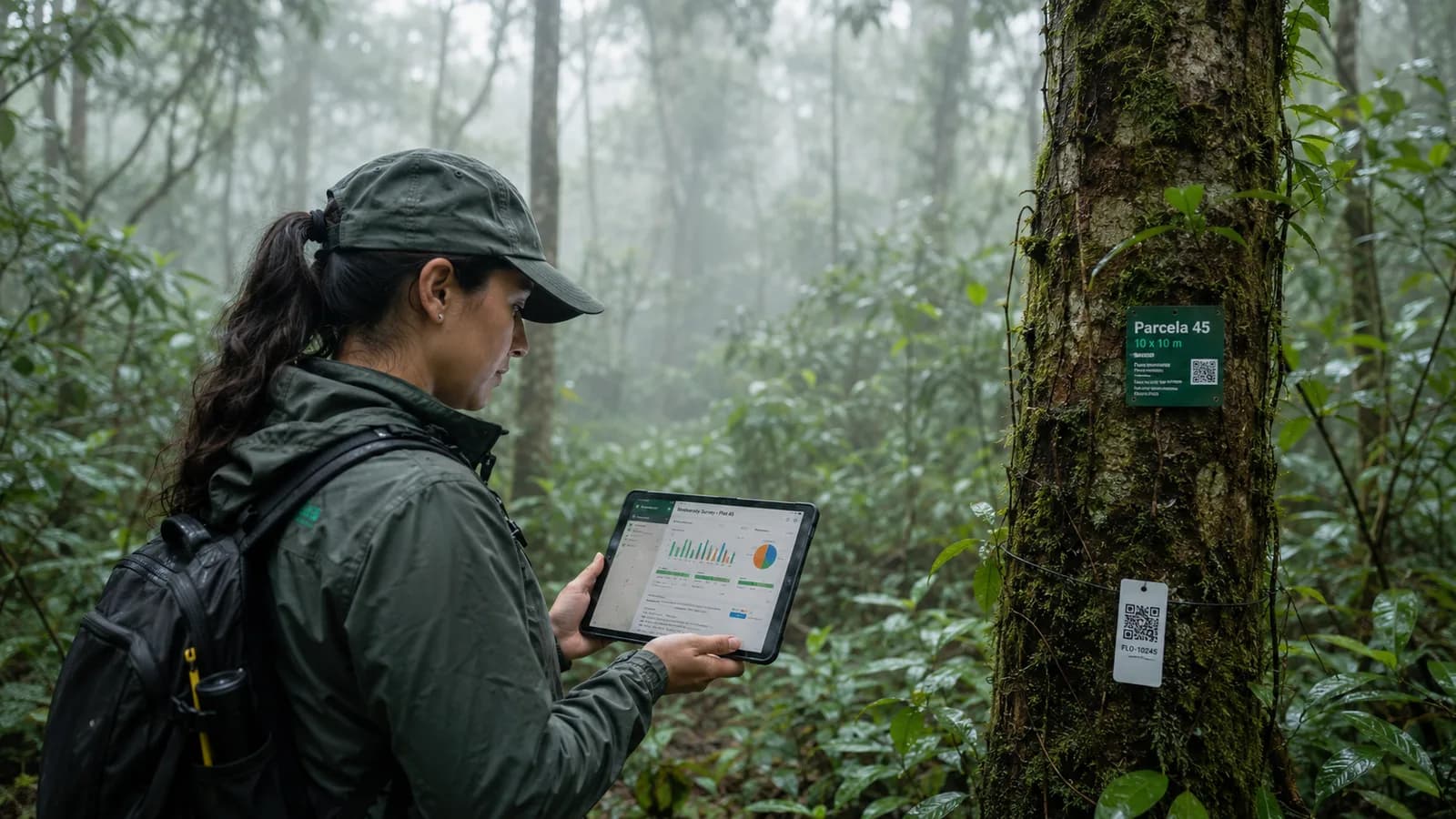 Vistoria de campo em mata, junto a uma árvore com placa de identificação